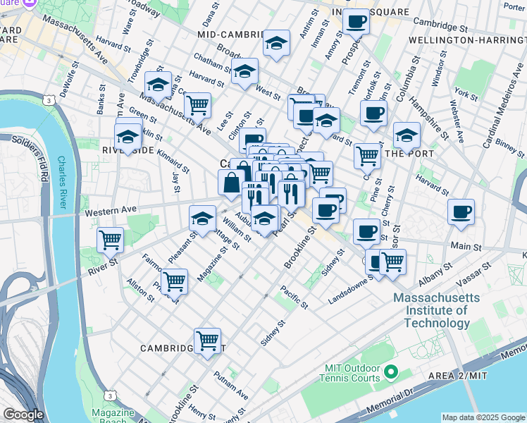 map of restaurants, bars, coffee shops, grocery stores, and more near 10 Magazine Street in Cambridge