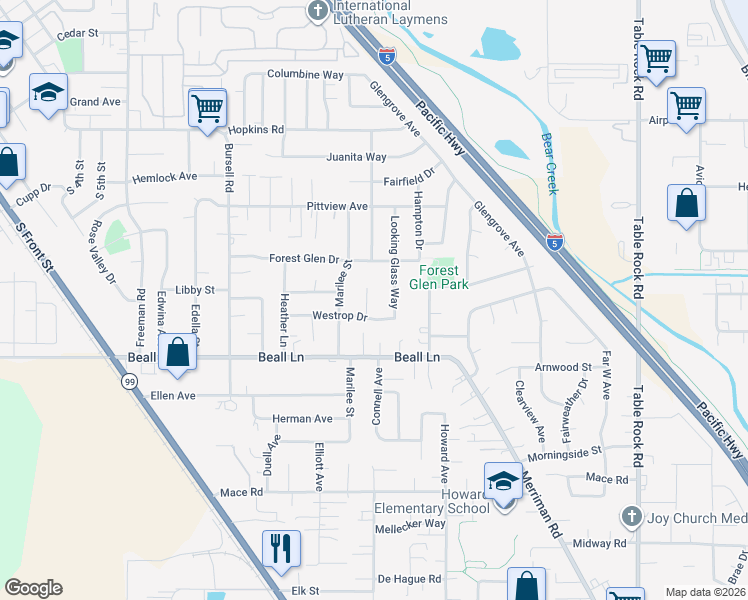 map of restaurants, bars, coffee shops, grocery stores, and more near 1282 Joshua Court in Central Point