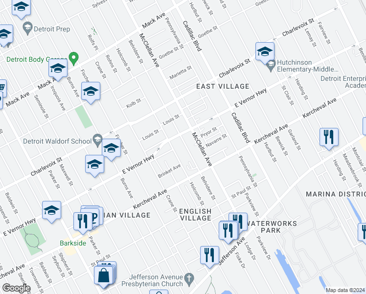map of restaurants, bars, coffee shops, grocery stores, and more near 2235 Belvidere Street in Detroit