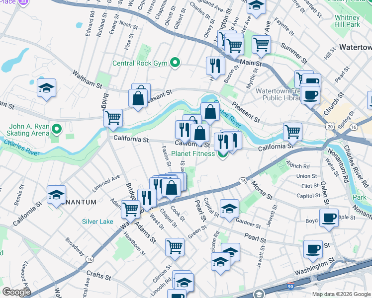 map of restaurants, bars, coffee shops, grocery stores, and more near 226 California Street in Newton
