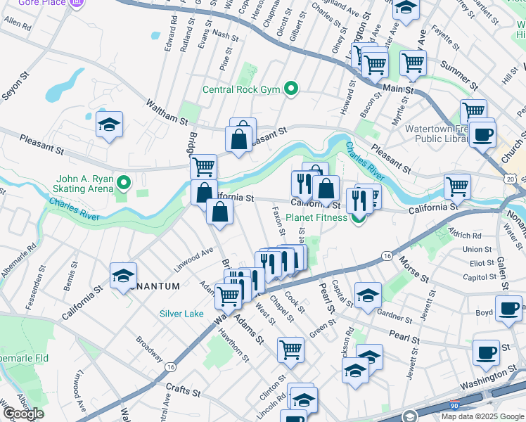 map of restaurants, bars, coffee shops, grocery stores, and more near 16 Dalby Street in Newton