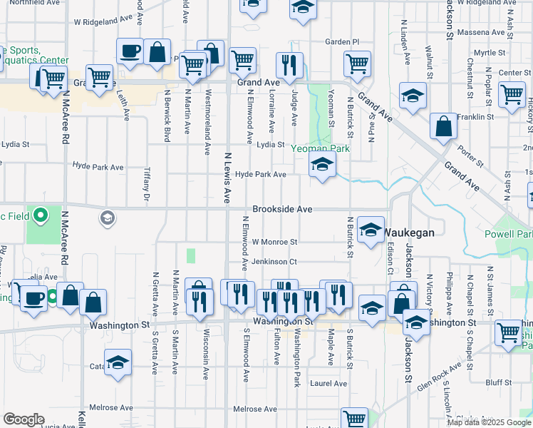 map of restaurants, bars, coffee shops, grocery stores, and more near 321 Burton Avenue in Waukegan