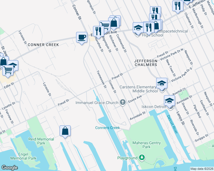 map of restaurants, bars, coffee shops, grocery stores, and more near 678 Tennessee Street in Detroit
