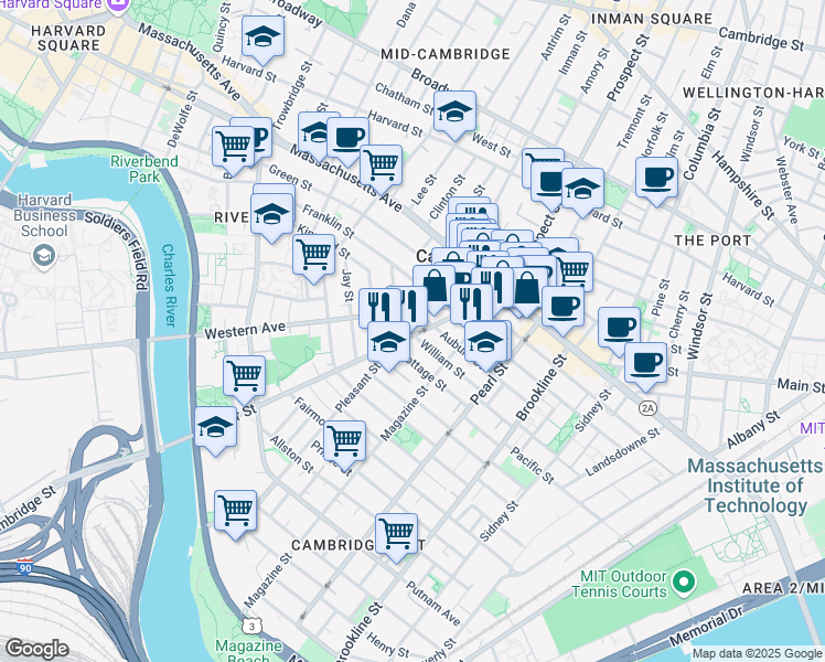 map of restaurants, bars, coffee shops, grocery stores, and more near 75 River Street in Cambridge