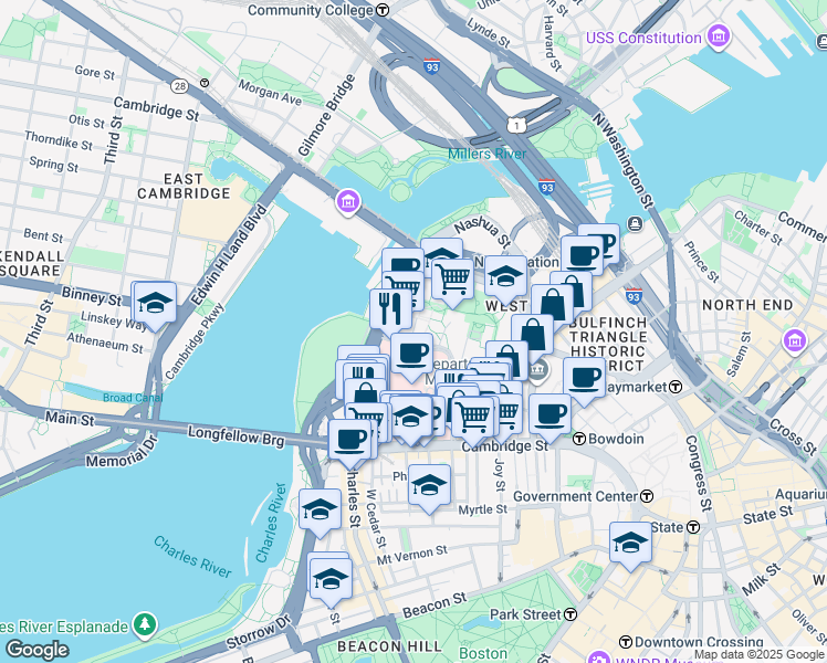 map of restaurants, bars, coffee shops, grocery stores, and more near Emerson Place in Boston