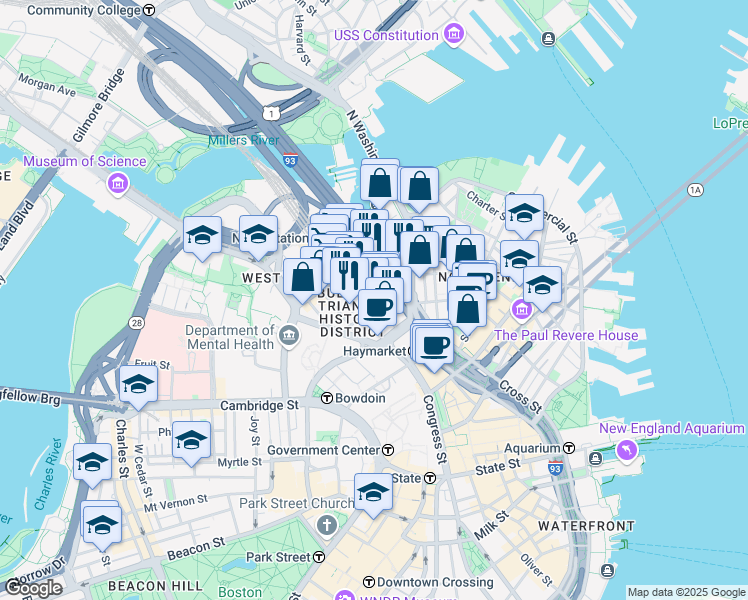 map of restaurants, bars, coffee shops, grocery stores, and more near Canal Street in Boston