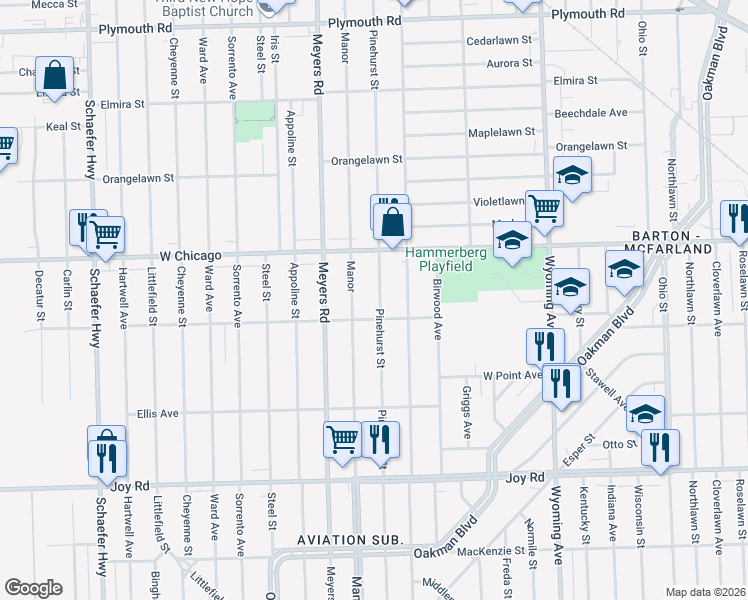 map of restaurants, bars, coffee shops, grocery stores, and more near 9337 Pinehurst Street in Detroit