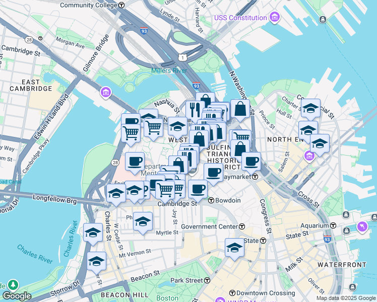 map of restaurants, bars, coffee shops, grocery stores, and more near 150 Staniford Street in Boston
