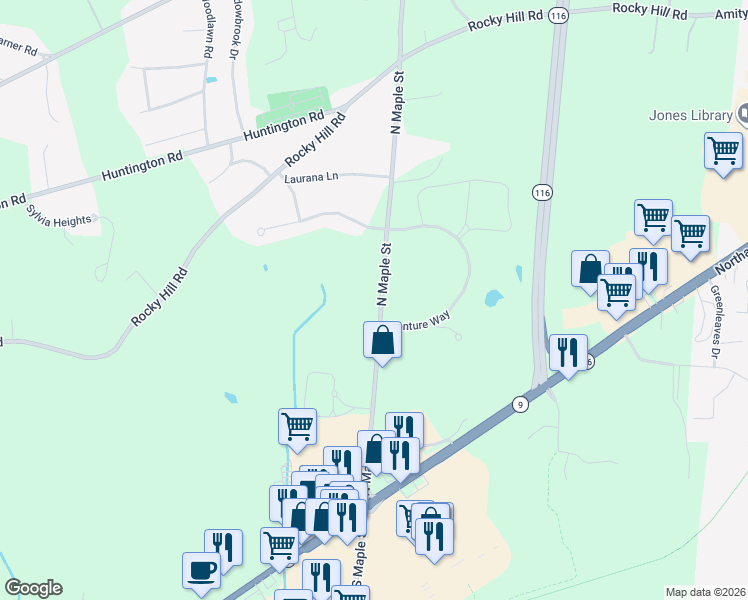 map of restaurants, bars, coffee shops, grocery stores, and more near 34 North Maple Street in Hadley