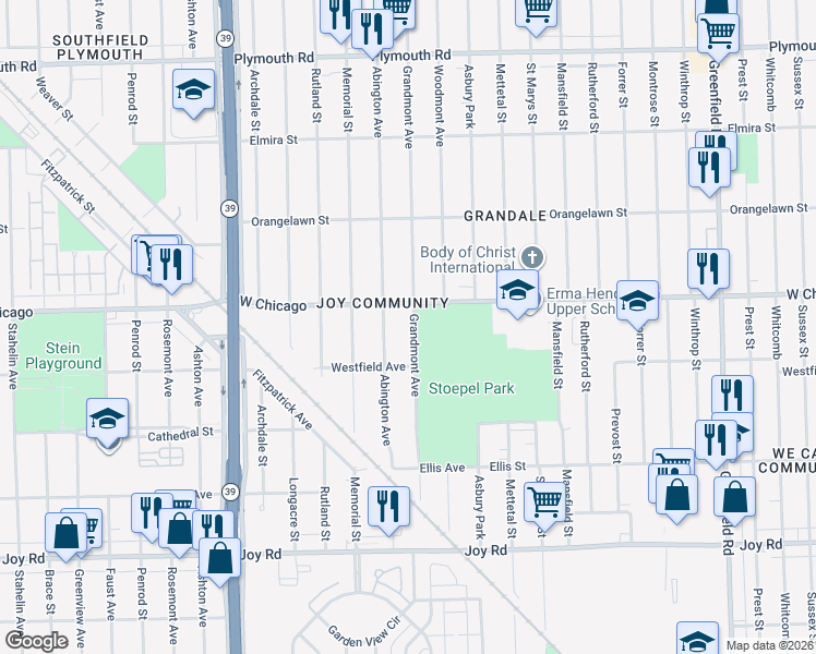 map of restaurants, bars, coffee shops, grocery stores, and more near 9377 Grandmont Avenue in Detroit