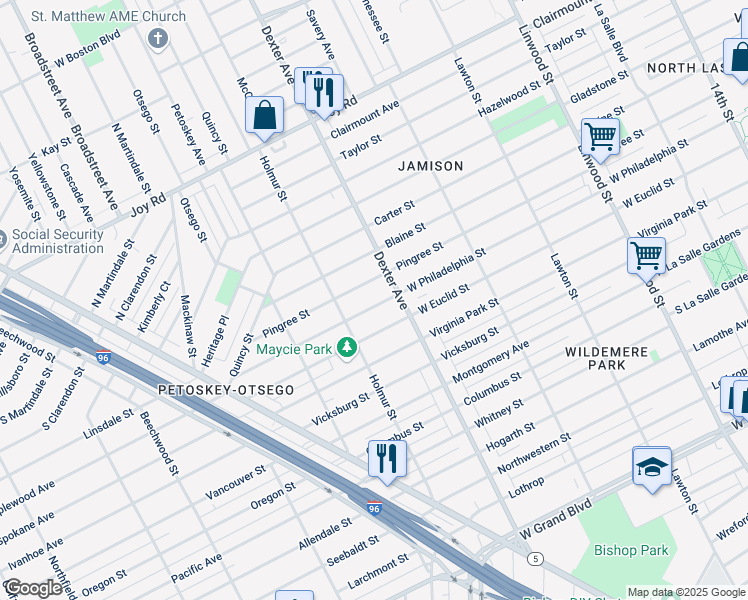 map of restaurants, bars, coffee shops, grocery stores, and more near 3750 West Philadelphia Street in Detroit