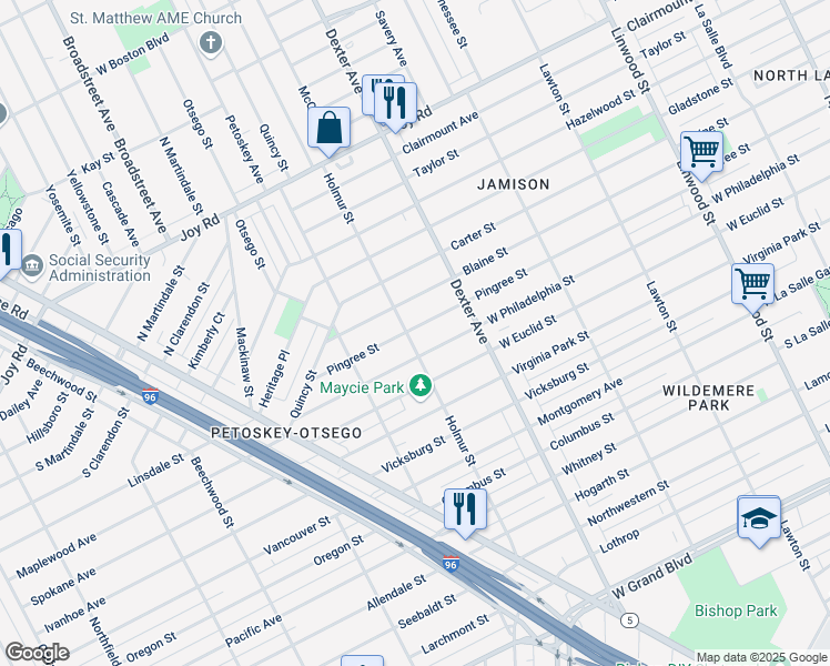 map of restaurants, bars, coffee shops, grocery stores, and more near 3815 Pingree Street in Detroit