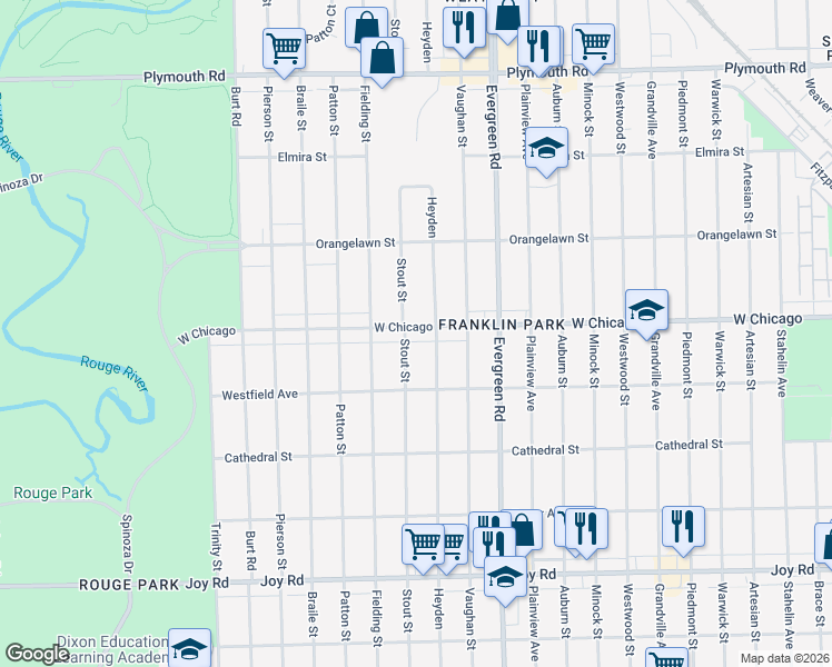 map of restaurants, bars, coffee shops, grocery stores, and more near 20201 West Chicago in Detroit