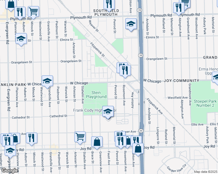 map of restaurants, bars, coffee shops, grocery stores, and more near 9390 Faust Avenue in Detroit