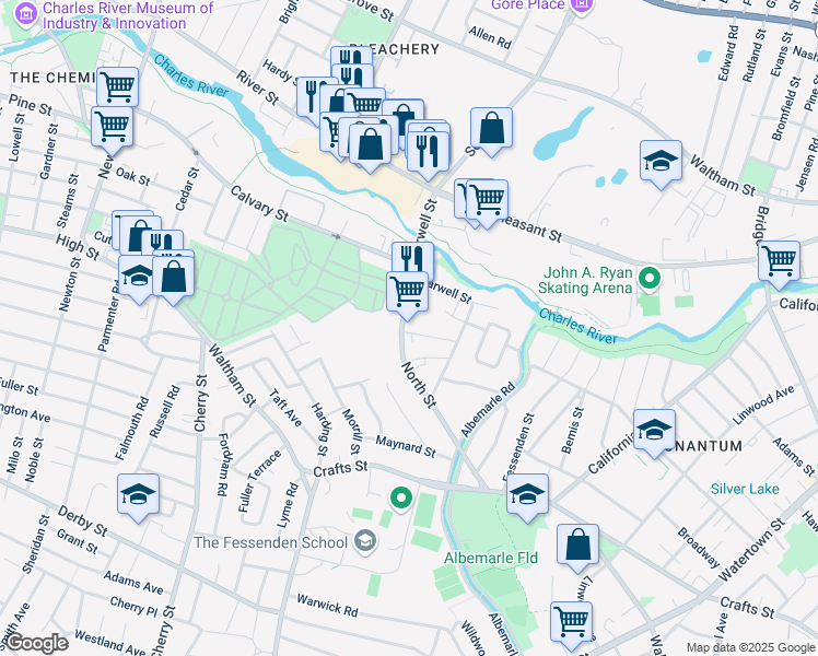 map of restaurants, bars, coffee shops, grocery stores, and more near 161 North Street in Newton