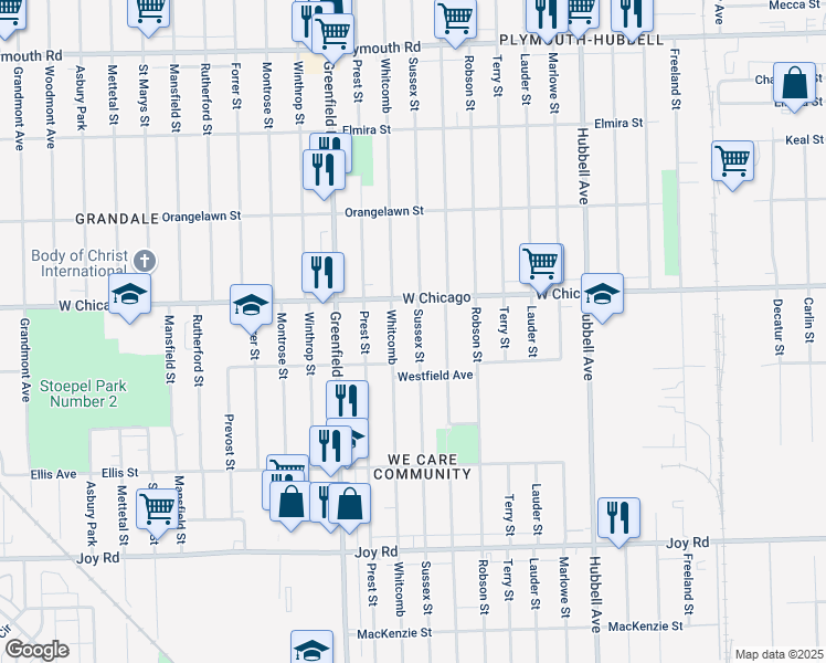 map of restaurants, bars, coffee shops, grocery stores, and more near 9387 Sussex Street in Detroit