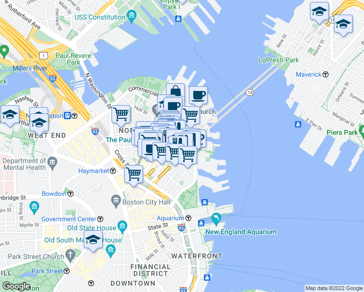 map of restaurants, bars, coffee shops, grocery stores, and more near 38 Fleet Street in Boston