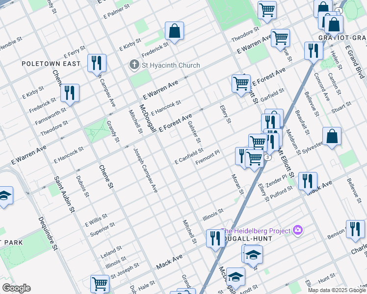 map of restaurants, bars, coffee shops, grocery stores, and more near 3158 Garfield Street in Detroit