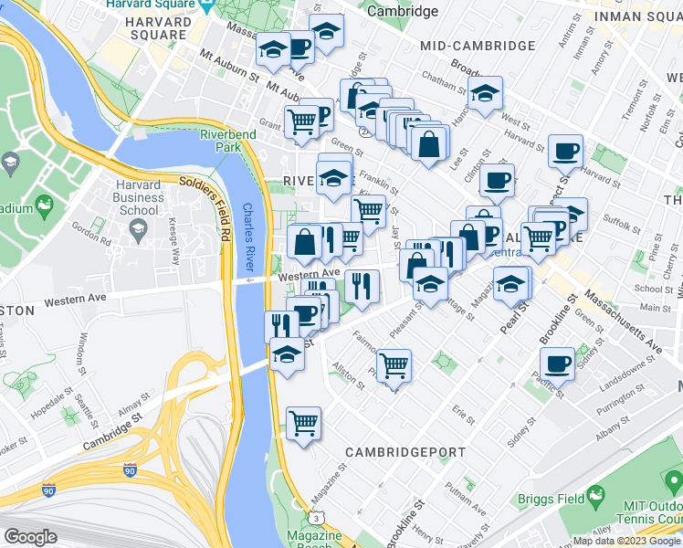 map of restaurants, bars, coffee shops, grocery stores, and more near 294 Western Avenue in Cambridge