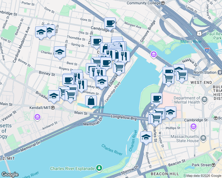 map of restaurants, bars, coffee shops, grocery stores, and more near 245 First Street in Cambridge
