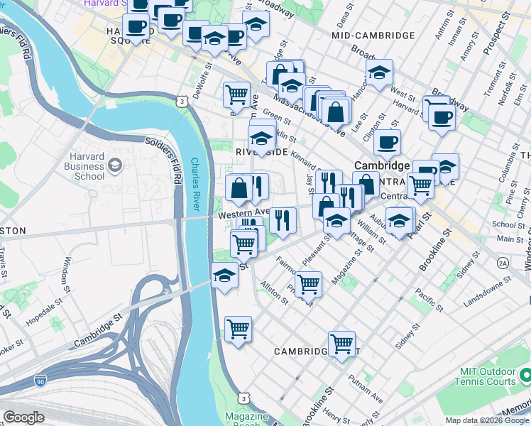 map of restaurants, bars, coffee shops, grocery stores, and more near 336 Western Avenue in Cambridge