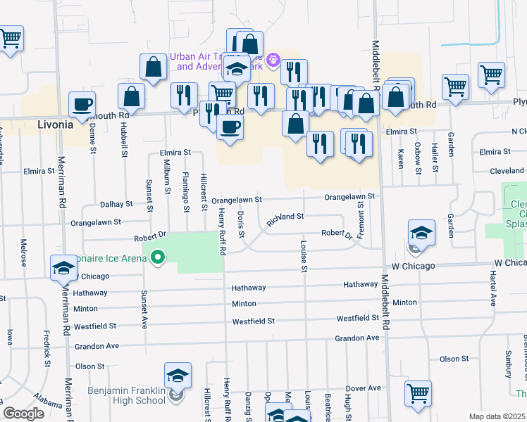 map of restaurants, bars, coffee shops, grocery stores, and more near 9930 Oporto Street in Livonia