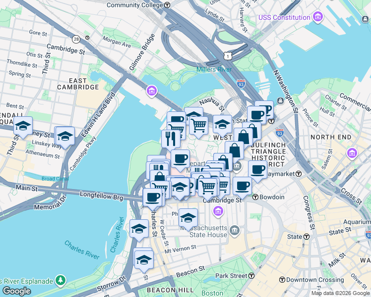 map of restaurants, bars, coffee shops, grocery stores, and more near Emerson Place in Boston