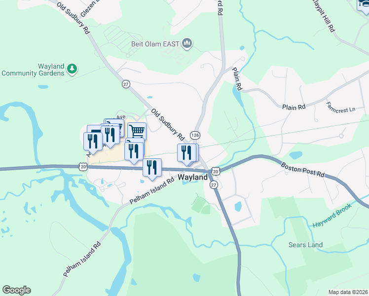 map of restaurants, bars, coffee shops, grocery stores, and more near 2 Old Sudbury Road in Wayland