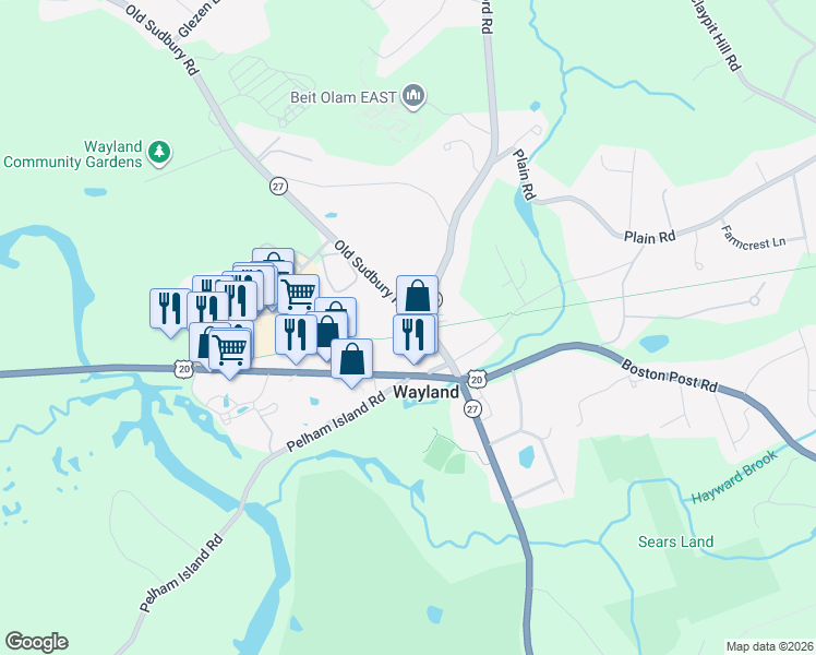 map of restaurants, bars, coffee shops, grocery stores, and more near 2 Old Sudbury Road in Wayland