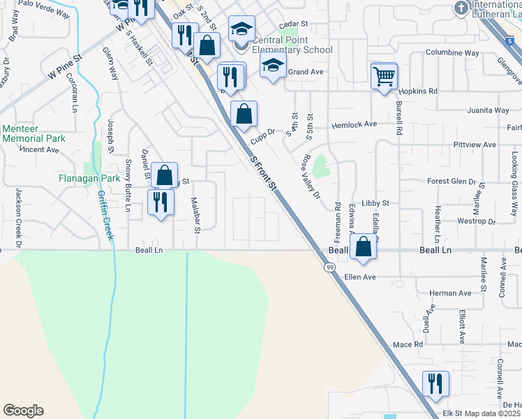 map of restaurants, bars, coffee shops, grocery stores, and more near 740 Ivern Drive in Central Point
