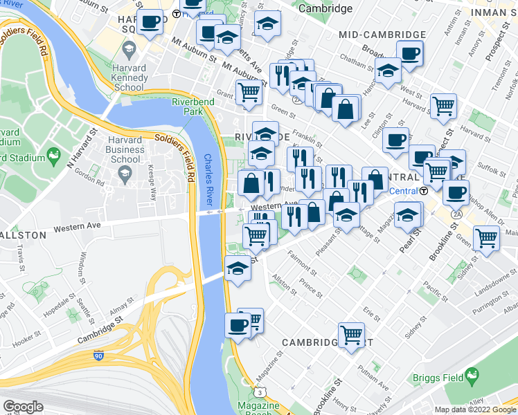 map of restaurants, bars, coffee shops, grocery stores, and more near Western Ave & Putnam Ave in Cambridge