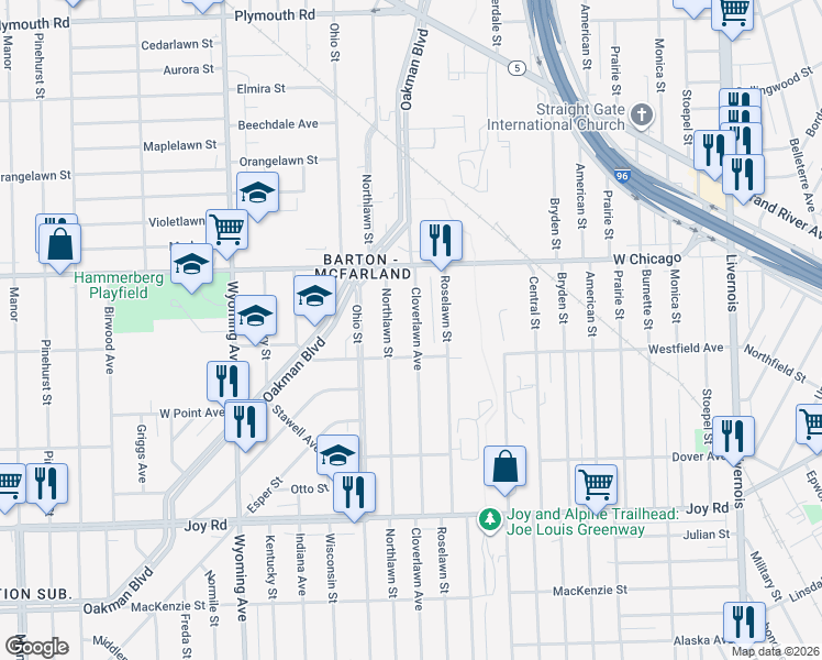 map of restaurants, bars, coffee shops, grocery stores, and more near 9351 Cloverlawn Avenue in Detroit