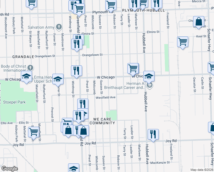 map of restaurants, bars, coffee shops, grocery stores, and more near 9387 Coyle Street in Detroit