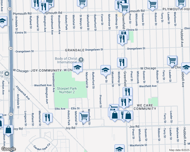 map of restaurants, bars, coffee shops, grocery stores, and more near 9358 Rutherford Street in Detroit