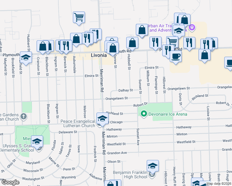 map of restaurants, bars, coffee shops, grocery stores, and more near 31135 Dalhay Street in Livonia