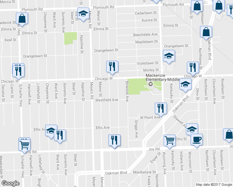 map of restaurants, bars, coffee shops, grocery stores, and more near 9337 Mendota Street in Detroit