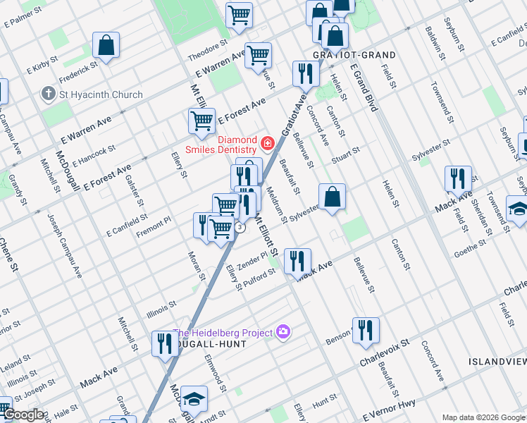 map of restaurants, bars, coffee shops, grocery stores, and more near 3956 Mount Elliott Street in Detroit