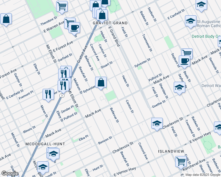 map of restaurants, bars, coffee shops, grocery stores, and more near 3717 Concord Avenue in Detroit