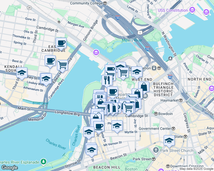 map of restaurants, bars, coffee shops, grocery stores, and more near in Boston