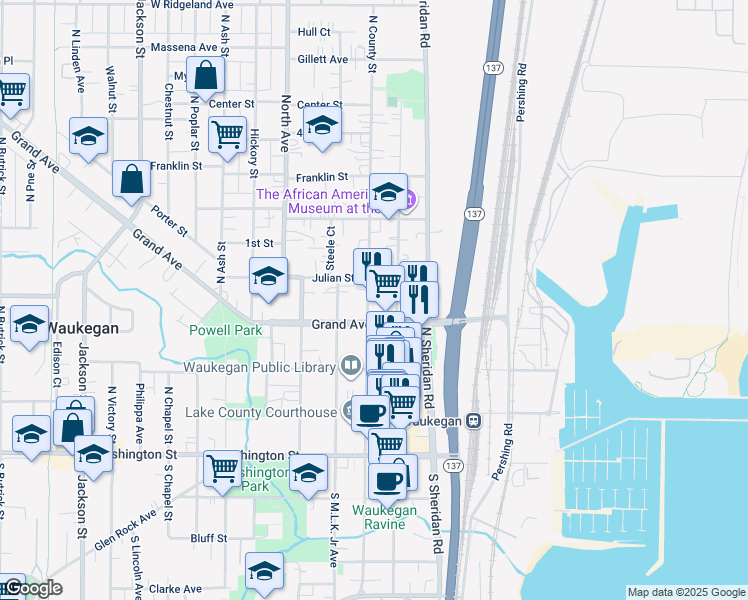 map of restaurants, bars, coffee shops, grocery stores, and more near 319 North County Street in Waukegan