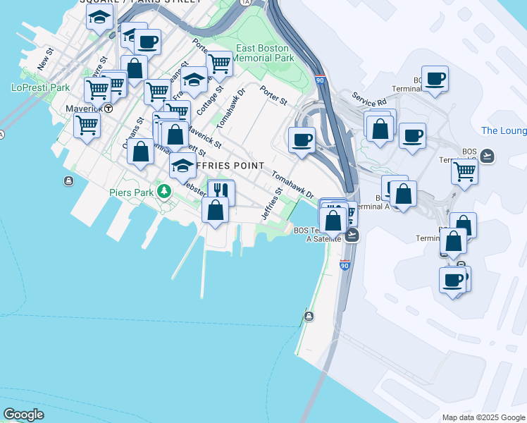 map of restaurants, bars, coffee shops, grocery stores, and more near 44 Jeffries Street in Boston
