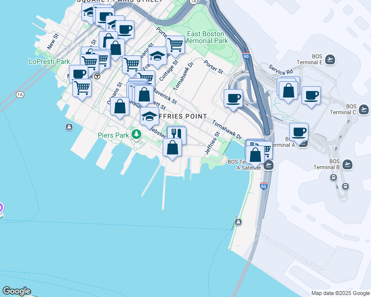 map of restaurants, bars, coffee shops, grocery stores, and more near 233 Webster Street in Boston