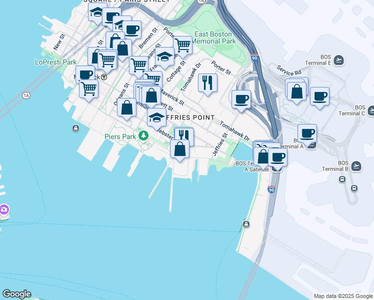 map of restaurants, bars, coffee shops, grocery stores, and more near 233 Webster Street in Boston
