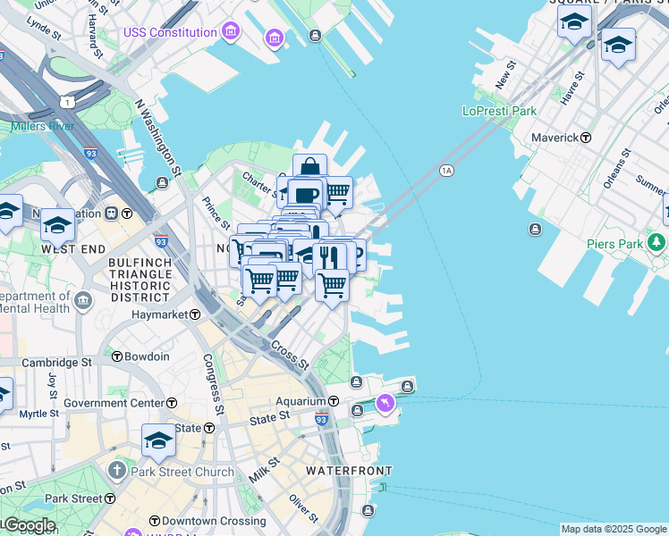map of restaurants, bars, coffee shops, grocery stores, and more near 302-304 North Street in Boston