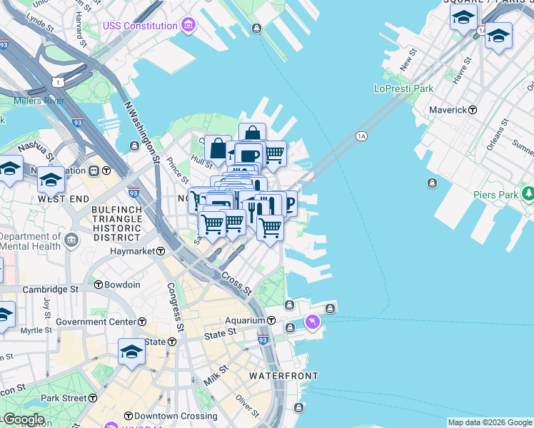 map of restaurants, bars, coffee shops, grocery stores, and more near 302-304 North Street in Boston