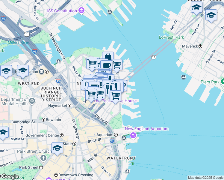 map of restaurants, bars, coffee shops, grocery stores, and more near 302-304 North Street in Boston