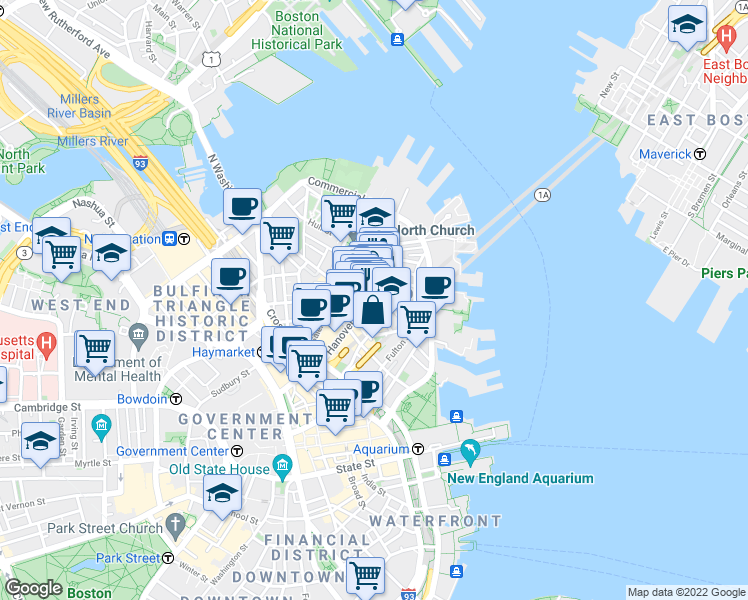 map of restaurants, bars, coffee shops, grocery stores, and more near 15-17 North Square in Boston