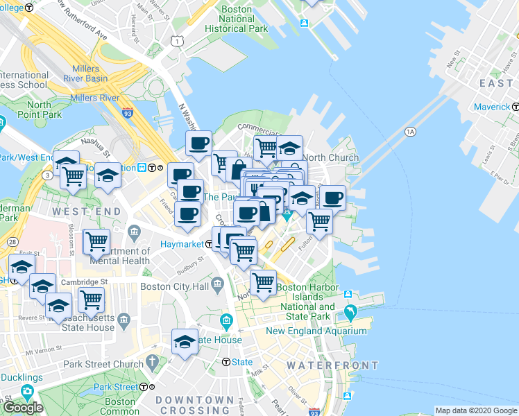 map of restaurants, bars, coffee shops, grocery stores, and more near in Boston