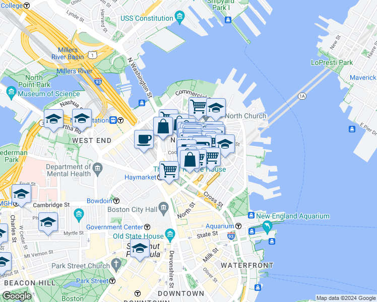 map of restaurants, bars, coffee shops, grocery stores, and more near 21 Cooper Street in Boston