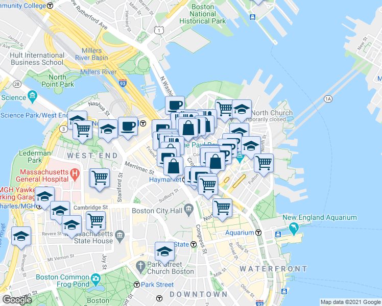 map of restaurants, bars, coffee shops, grocery stores, and more near 49 North Washington Street in Boston